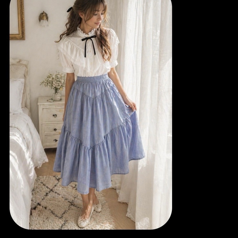 Cottagecore Prairie Outfit Lace Blouse Chambray Tiered Skirt Womens Medium